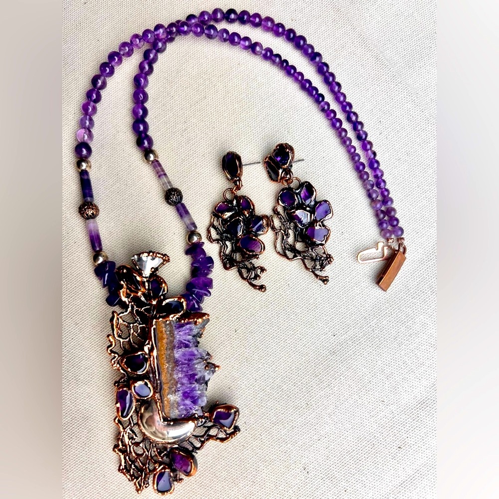 Artisan Amethyst and Copper Necklace and Earring Set